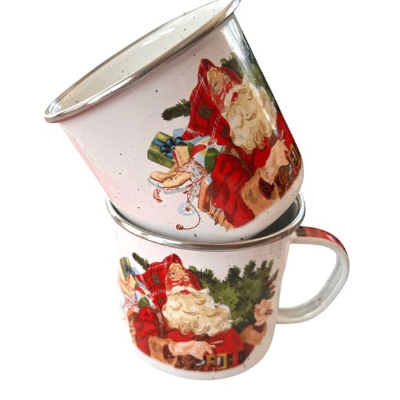 VTG Hallmark Santa Claus Enamel Mugs Set of 2 WHT RED GRN Festive Jolly Holiday - Picture 9 of 9